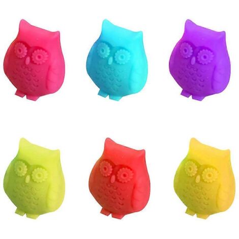 Lot de 6 marque-verres à vin rouge en silicone, en forme de hibou mignon, pour identifier les verres et décorer les bars et fêtes. (1/5)