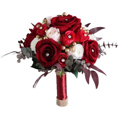 Bouquet de mariée en roses de soie, bouquet de mariée à la main, bouquet de demoiselle d'honneur tenant des fleurs pour la fête de la mariée, l'église et la maison (1/5)