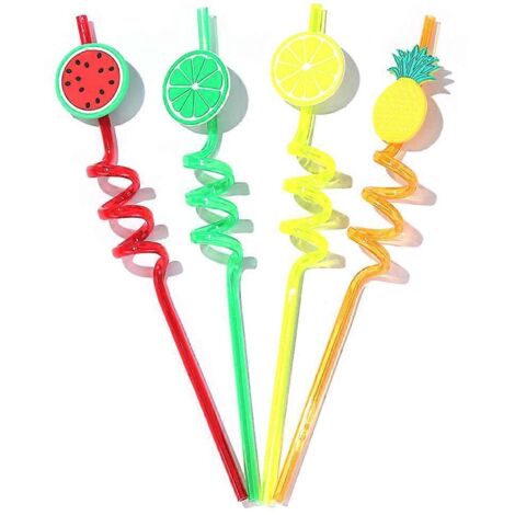 4 pailles à boire en spirale en plastique avec des motifs de citron vert, citron, ananas et pastèque. (1/5)
