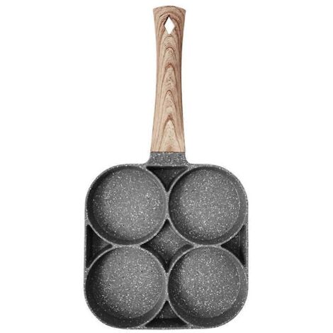 Poêle à omelettes 4 trous pour hamburgers, œufs, jambon, pancakes, poêle à frire avec manche en bois, antiadhésive, pour la cuisson du petit-déjeuner (1/5)