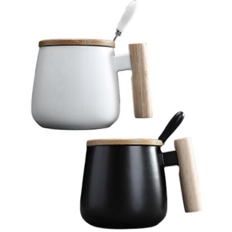 Mug en céramique avec anse en bois, couvercle et cuillère, idéal pour la maison ou le bureau, parfait pour le thé, le lait ou le café. (1/5)