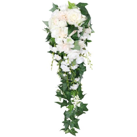 Bouquet de mariée cascade en soie artificielle, roses et dentelle (1/5)