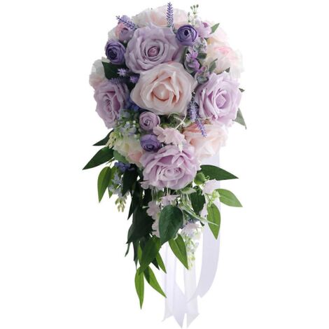 Bouquet de mariée en cascade, composé de roses artificielles violettes, de lavande et de taro, orné d'un long ruban décoratif. (1/5)
