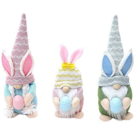 Lot de 3 lapins de Pâques, gnomes tenant un œuf, barbe tressée et chapeau. Poupée lapin (1/5)