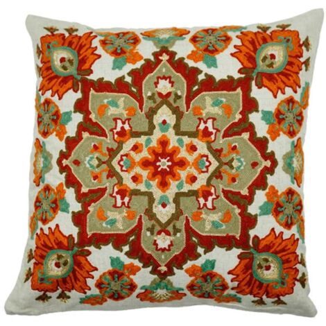 Housse de coussin brodée en fil métallique, motif floral carré (1/5)