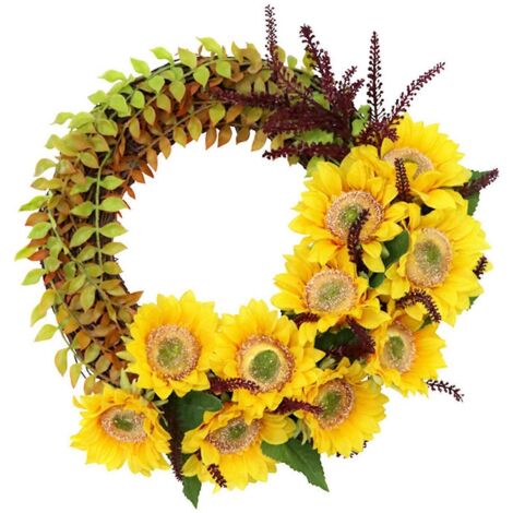 Couronne de tournesols artificiels de 40 cm, demi-couverture, avec feuilles vertes, guirlande d'été, d'automne et de Thanksgiving pour la décoration de porte d'entrée (1/5)
