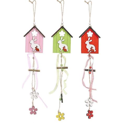 Ensemble de 3 pendentifs de Pâques en bois, motif maison, fleur et lapin, pendentif peint en couleurs (1/5)