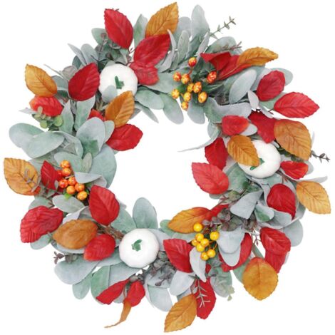 Couronne de citrouilles artificielles avec guirlande suspendue de feuilles vertes pour la décoration de porte d'entrée d'automne, idéale pour Thanksgiving, Halloween et la fête des Mères. (1/5)