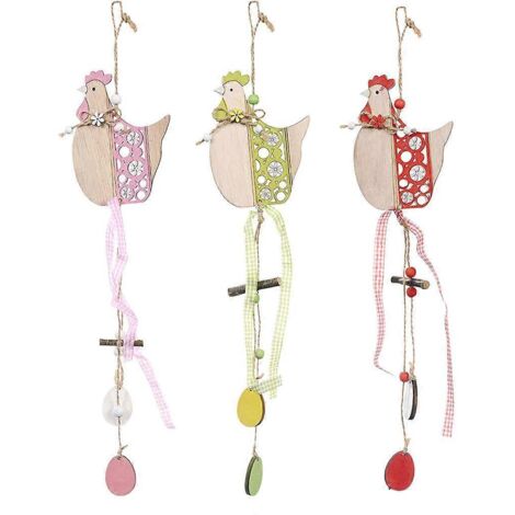 Pendentifs Coq de Pâques (lot de 3) en bois peint, à suspendre, pour la maison, les fêtes, la porte d'entrée, le jardin ou le mur. (1/5)