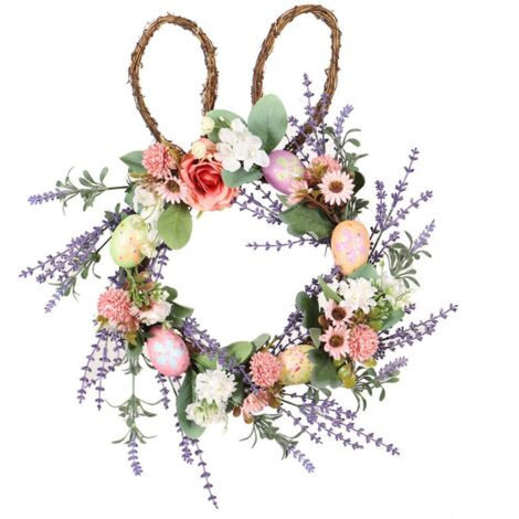 Couronne de printemps de 50 cm (20 pouces) avec lapin de Pâques mignon, œufs, fleurs et feuilles, pour décoration de porte d'entrée, d'intérieur et d'extérieur. (1/5)