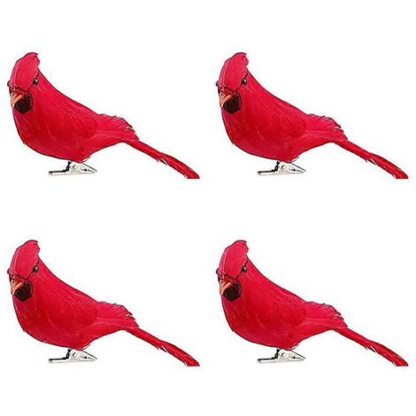 Lot de 4 oiseaux cardinaux rouges artificiels à pinces pour décoration de sapin de Noël, ornement d'oiseau en plumes artificielles pour mariage, jardin et décoration intérieure (1/5)