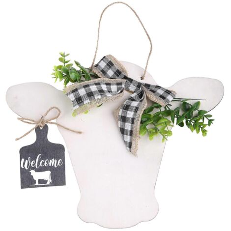 Décoration de porte rustique en bois avec motif vache et veau, ornée d'un nœud papillon en toile de jute à carreaux. (1/5)