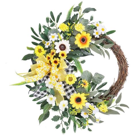 Couronne de Pâques avec œuf artificiel, nœud papillon, guirlande de tulipes printanières et pendentif décoratif pour la maison, les fêtes et la porte d'entrée. Cadeau idéal pour les fêtes. (1/5)