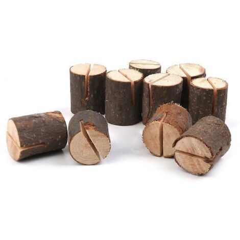 10 porte-cartes rustiques en bois en forme de souche, avec numéro, nom et support pour menu/photo. (1/5)