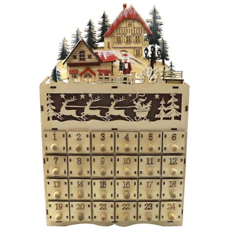 Calendrier de l'Avent en bois avec maison du Père Noël illuminée par LED, boîte à tiroirs, décoration cadeau (1/5)