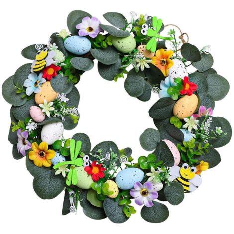 Couronne d'eucalyptus de 40 cm pour porte d'entrée, motif œuf de Pâques et abeille, fleurs artificielles, décoration murale style ferme (1/5)