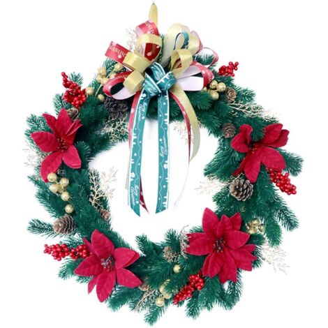 Couronne de Noël artificielle 50x50cm Fleurs rouges Ornement d'aiguilles de pin (1/5)
