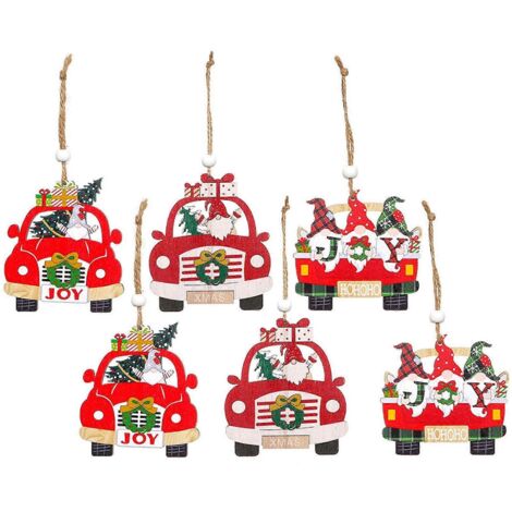 Ensemble de 6 pendentifs en bois en forme de voiture pour Noël - Décorations à suspendre (1/5)