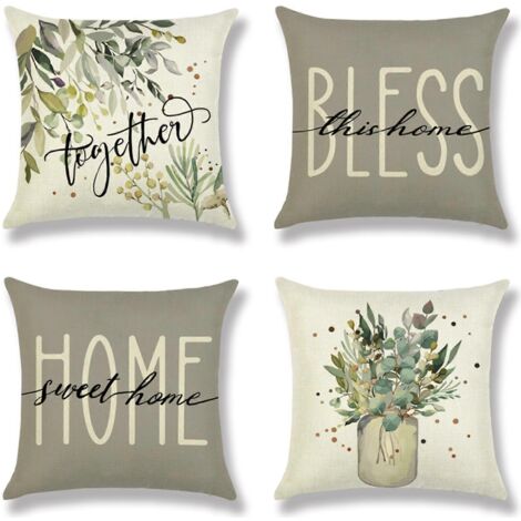 Housses de coussin en lin, lot de 4, motif lettres, vase, plante et feuilles d'eucalyptus. (1/5)