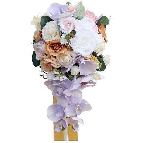 Bouquet de mariée, la mariée tenant un bouquet orné de roses artificielles et d'un long ruban (1/5)
