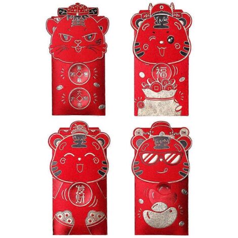 Lot de 4 enveloppes rouges porte-bonheur Hongbao pour le Nouvel An chinois 2022, motif tigre. Fournitures pour la Fête du Printemps. (1/5)