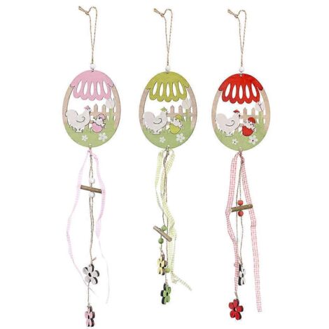 Pendentif de Pâques en bois, lot de 3, œufs colorés peints, coq ajouré (1/5)