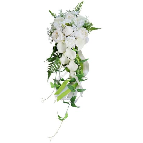Bouquet de mariée en cascade, composé de callalis artificiels blanc ivoire et de feuillage, idéal pour une cérémonie romantique, des fiançailles ou une fête. Décoration pour une église ou une fête. (1/5)