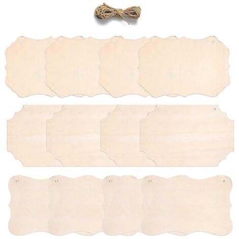 Lot de 12 plaques en bois brut à suspendre, avec 10 m de corde en chanvre pour loisirs créatifs (peinture, loisirs créatifs). (1/5)