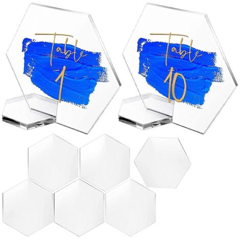 Lot de 10 marque-places hexagonaux vierges en acrylique avec support et base fendue, pour numéros de table et noms des invités lors de mariages. (1/5)