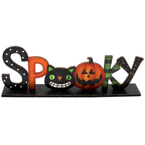 Décoration de table d'Halloween avec lettres effrayantes, citrouille de dessin animé, décor pour chat, plateau à étages rustique pour fête de fin d'année, ornement de bureau (1/5)
