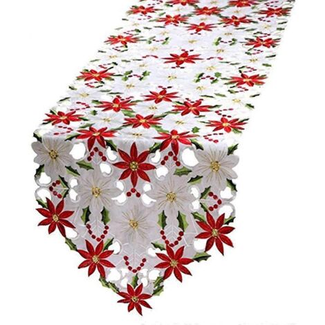 Chemin de table fleuri de Noël, chemin de table brodé de poinsettias et de feuilles de houx (1/5)