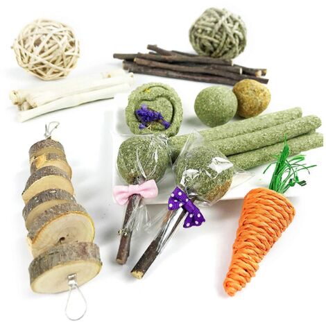 10 jouets à mâcher pour lapins, boules de foin, blocs de bois, petits animaux, pour l'entretien des dents (1/5)