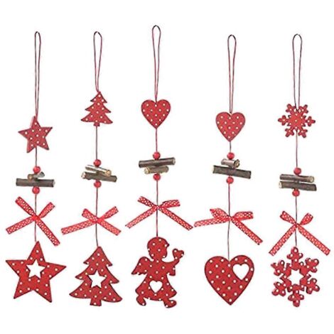 Lot de 5 décorations de sapin de Noël en forme de flocons de neige et d'étoiles, pendentifs en bois. (1/5)