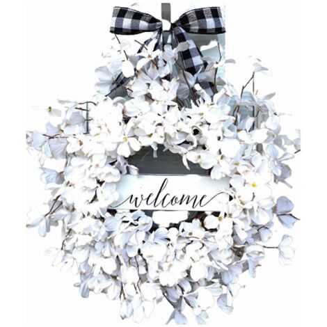 Couronne de cornouiller blanc artificielle à nœud papillon et motif écossais, guirlande décorative suspendue pour mariage, maison de campagne, porte d'entrée ou mur. (1/5)