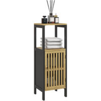 Mobiletto Bagno con Ante e Scaffale Aperto, in MDF e Bambù, 32x30x90.5 cm, Colore Nero e Legno