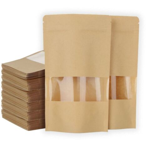 Beijiyi – Lot de 200 sachets kraft alimentaires 12×20 cm – Zip refermable – Fenêtre transparente – Résistants à l'humidité et à la déchirure
