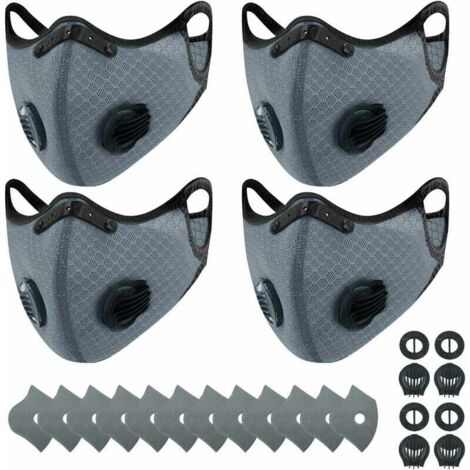 4 masques anti-poussière de sport + 12 filtres à charbon actif, réutilisables, respirants, activités de plein air, travail du bois, tonte et course, cyclisme gris- (1/5)