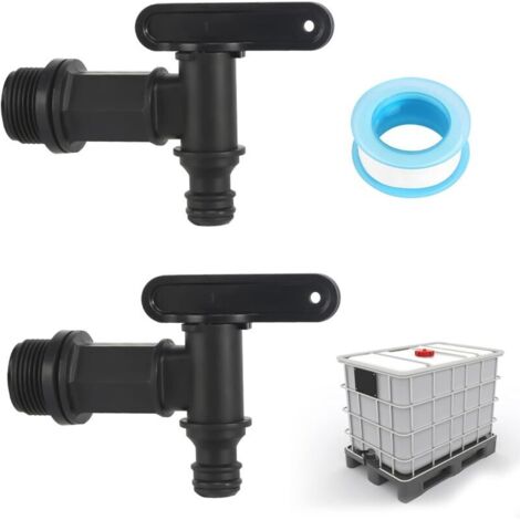 Deux jeux de robinets pour récupérateur d'eau de pluie (avec ruban Téflon), un robinet de sortie IBC 3/4" et un robinet de rechange en plastique pour récupérateur d'eau de pluie. (1/5)