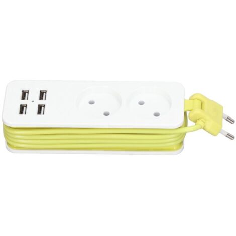 Multiprise 1200W 10A, 2 prises rondes, 4 Ports USB, pour téléphone et ordinateur portable