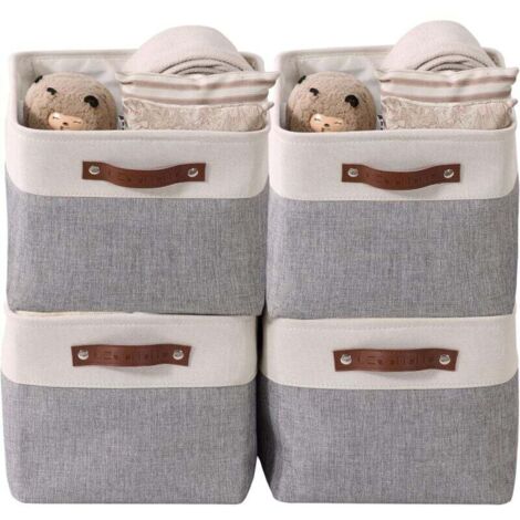 paniers de rangement pliables en tissu cationique robuste et pliable avec poignées pour étagère pour chambre d'enfant ou penderie (Gris et blanc, Large - 4 Pack) (1/5)