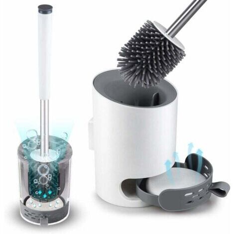 Brosse de toilette avec support mural, brosse de toilette moderne améliorée blanche, ensemble de brosse de toilette de salle de bain brosse à poils en silicone avec tapis de diatomite et pince à épile (1/5)