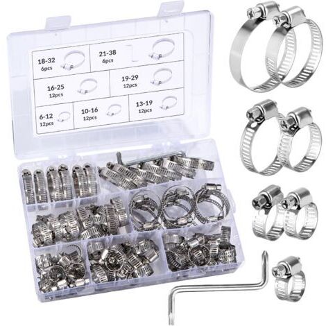 Collier de Serrage Réglables,Colliers de serrage en acier inoxydable,Tuyau Clips, 73 Pièces 7 Tailles 6-38mm Tuyau Clips Réglable,pour tuyau d'eau, plomberie, automobile et mécanique (1/5)
