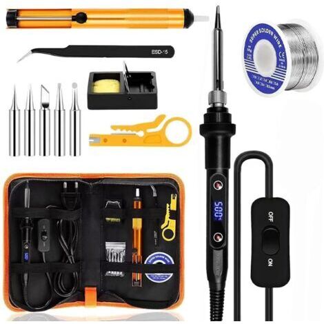Fer à Souder Set,80W Température Réglable 180-500°C Electronique de Precision avec Interrupteur ON/OFF, 5 Conseils de soudage,Barre de Soudure pour la Maintenance Electrique (Noir) (1/5)