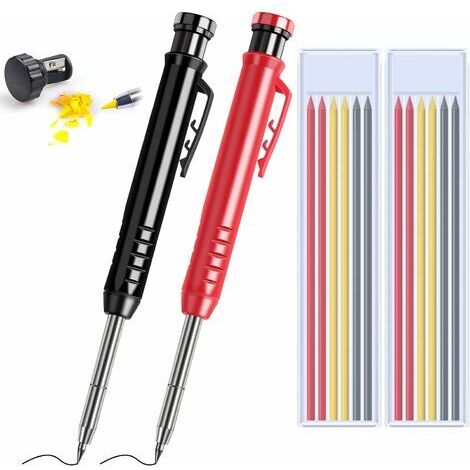 2 Pcs Crayon Chantier, Crayon de charpentier avec 7 Recharges,Marqueur à Pointe Télescopique,Crayon Intégré,Outils Marquage Porte-mines pour Verre, le Chantier,Carrelage,Bois (1/5)