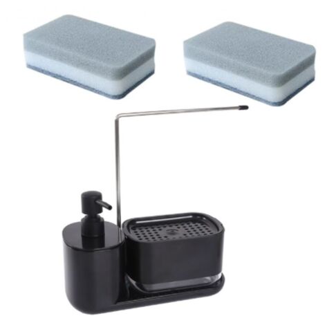 Noir, distributeur de savon à vaisselle, distributeur de savon de cuisine avec porte éponge et porte torchon, distributeur de savon de cuisine pour l'organisation de l'évier de cuisine, livré avec (1/5)