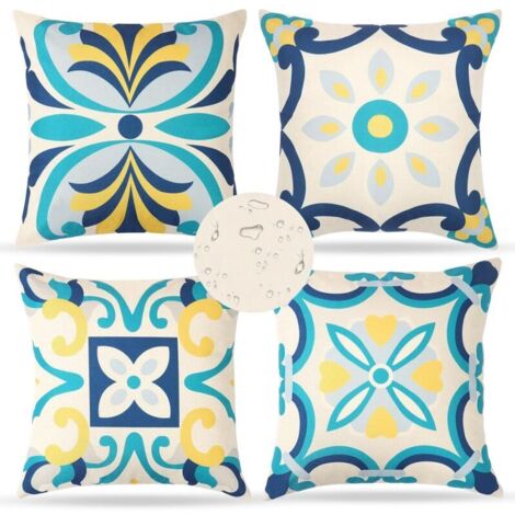 Lot de 4 Coussin Exterieur Impermeable 45 X 45 cm Housse de Coussin Imprimées Florales Bleue Coussins de Jardin Boho Coussins Décoratifs Taie d'oreiller pour Balcon Salon Terrasse Jardin (1/5)