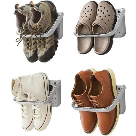 Ensemble de 4 étagères à chaussures pliables, à fixer au mur, sans perçage, pour portes d'entrée, salles de bain, gris (1/5)