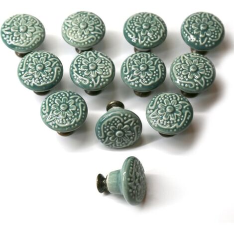 (vert) Lot de 12 boutons d'armoire vintage avec poignées rondes en céramique de 34 mm, poignées pour meubles vintage ronds pour maison, adaptées (1/5)