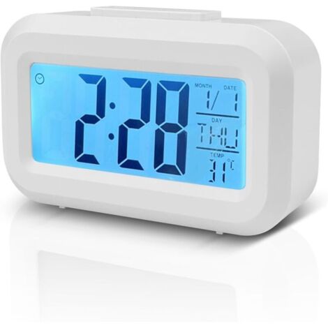 (Blance)Horloge Numérique, Reveil Numerique, Alarm Réveil LED avec Fonction Snooze, Réveil Horloge Digitale sans Tic Tac avec Affichage Date, Température, Horloge de Bureau à Piles