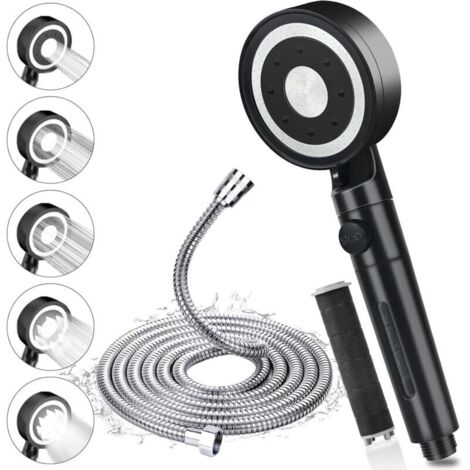 5 Modes Noir Pommeau de Douche Haute Pression, Pommeau de Douche avec Tuyau 1.5m en Acier Inoxydable 304, Pommeau Douche Économie d'Eau Anti Calcaire, Douchette Douche Filtrant avec de Jet, Chrome (1/5)